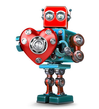 Cute 3d Retro Robot obot with red heart. Isolated. Contains clip