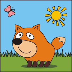 Funny fox. Vector illustration - cartoon fox on green grass. Icon fox.