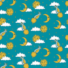 Seamless alchemy pattern with suns, moons, comets and clouds in