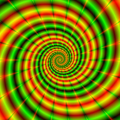 Double Spiral in Green and Orange / An abstract fractal image with a spiral design in green and orange, yellow and red. - 106493280
