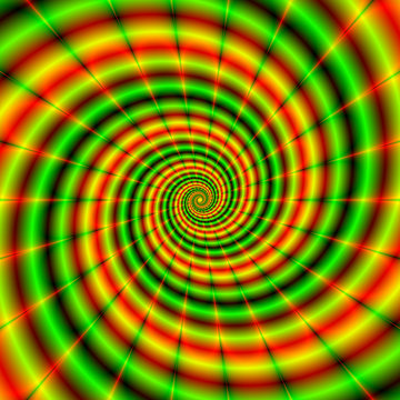 Double Spiral in Green and Orange / An abstract fractal image with a spiral design in green and orange, yellow and red.