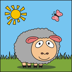 Funny sheep. Vector illustration - cartoon sheep on green grass. Icon sheep.