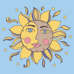 Sun and moon in one face. Alchemy vector illustration