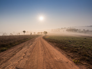 The road with sunrise and fog in Thung Salaeng Luang Nation Park