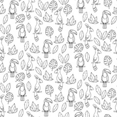 Seamless pattern with parrots and tucans.