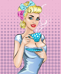 Pop Art woman with morning cup of tea. Pin-up girl