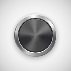 Black Abstract circle geometric badge, technology perforated button template with metal texture, chrome, silver, steel and realistic shadow for logo, design concepts, apps. Vector illustration.
