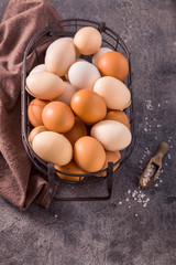 Eggs in wire basket on gray background above view