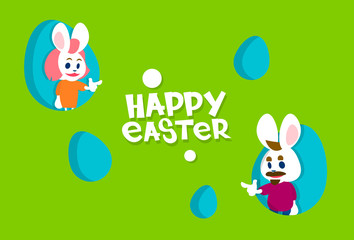 Rabbit Bunny Painted Eggs Happy Easter Holiday Banner Colorful Greeting Card 