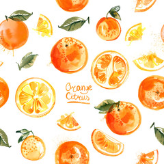 Pattern oranges painted with watercolors on white background. Halves of orange, fruit, leaves, abstract spots