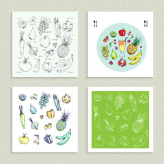 Freehand drawing fruits and vegetables. Set of four cards. 