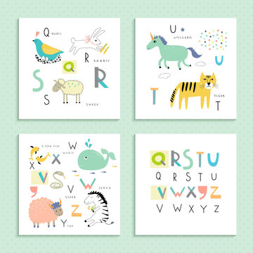 Cute zoo alphabet in vector . Q, R, S, T, U, V, W, X, Y, Z letters