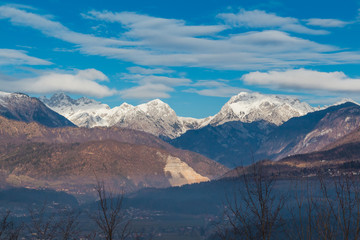 Kamnik-Savinja Alps winter view a from Old Castle on a hill.