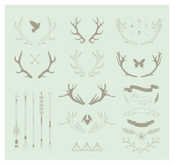 Antlers, arrows, ribbons. Decor elements. Isolated.Vector