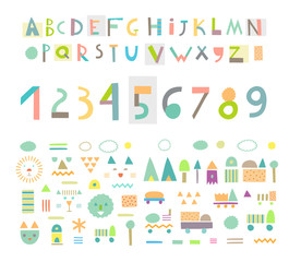 Fun and cute paper cut alphabet and figures. Isolated. Vector