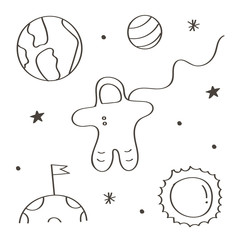 Set of cute monochrome space doodles isolated on white background. Space flight doodles.