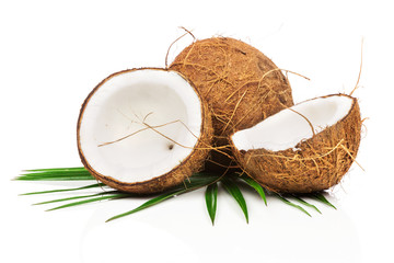 Coconuts with green leaves on white background