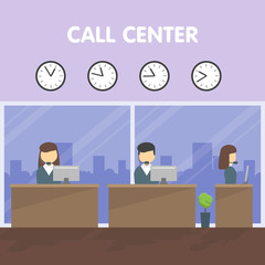Operators call center in their workplace communicate by computer with clients. On the wall hangs a clock with world time. Behind the large window with a silhouette of city. Vector illustration.