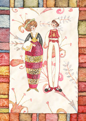 Hand drawn watercolor illustration with  traditional costumes