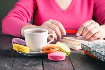 Employee woman drinking morning tea of coffee