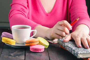 Employee woman drinking morning tea of coffee