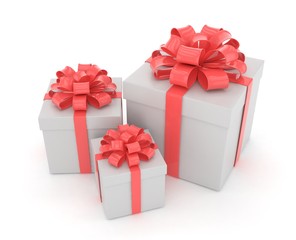 three gift boxes with bows isolated on white. 3D rendering.