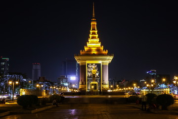 The monument of King Norodom Sihanoukin in the night which is located on central of Phnom Penh, Cambodia.