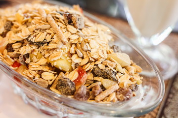 Cereal and dried mix fruits are healthy breakfast in the morning.