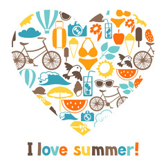 Background with stylized summer objects. Design for cards, covers, brochures and advertising booklets