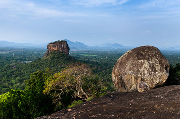 Fototapeta na wymiar Sigiriya Rock Fortress, seen from Pidurangala Rock, Sri Lanka. 