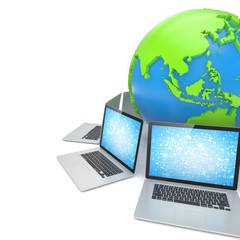 Laptop network around earth globe. 3d render
