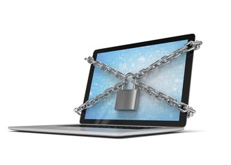 3d illustration computer security. laptop locked with chains and padlock