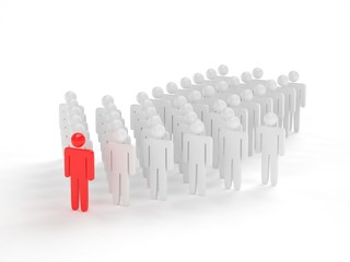 Many 3d people figure in arrow shape with the leader in front. 3D rendering.