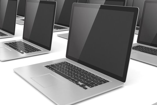 many  laptop on white background. 3D rendering.