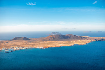Top view on Graciosa island from El Rio viewpoint on Lanzarote island in Spain