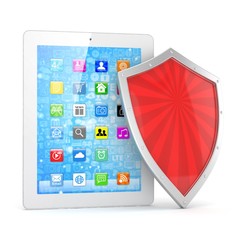 Tablet PC and shield on white device security concept. 3D rendering.