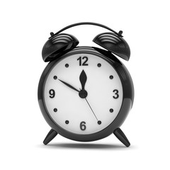 Black alarm clock on white. 3D rendering.