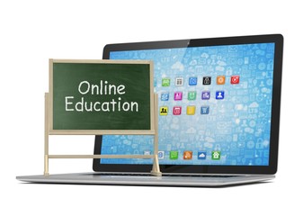  Laptop with chalkboard, online education concept. 3D rendering.