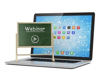 Laptop with chalkboard, webinar, online education concept. 3D rendering.