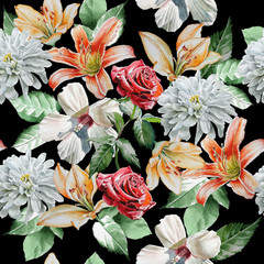  Seamless pattern with flowers. Rose. lily. Chrysanthemum. Watercolor.