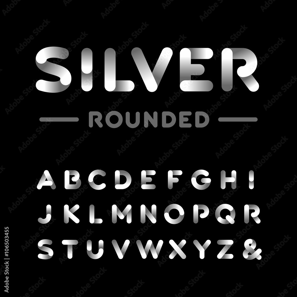 Poster silver rounded font. vector alphabet with chrome effect letters.