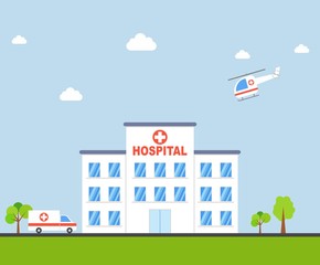 City Hospital building with ambulance and helicopter in flat design. Clinic Vector