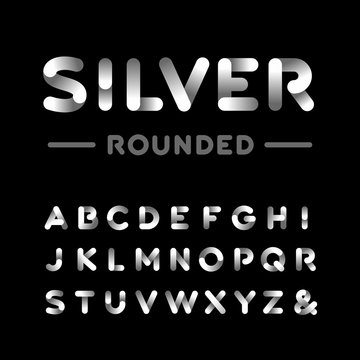 Silver rounded font. Vector alphabet with chrome effect letters.