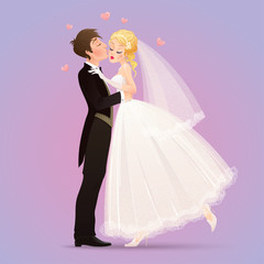 Vector illustration with groom kissing his charming and shyness bride
