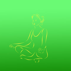 Девушка медитирует, йога. Силуэт девушки в позе лотоса, спортивные упражнения.