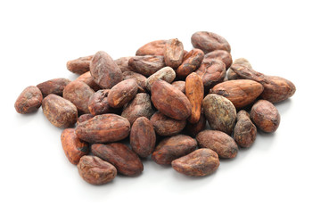 raw cacao cocoa beans on white background