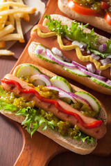 grilled hot dogs with vegetables ketchup mustard