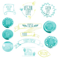 Set of hand drawn eco frendly labels.Vector illustration