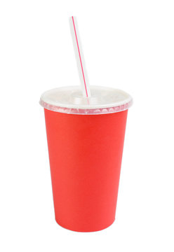 Red disposable cup for beverages with straw. Isolated on a white