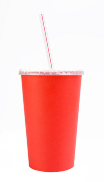 Red disposable cup for beverages with straw. Isolated on a white